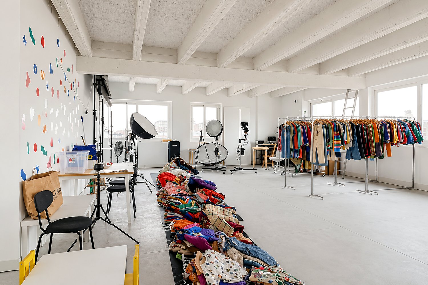 Le studio d'EURĒKA 34 en configuration shooting mode : plateau blanc, softbox et réflecteurs, portants de stylisme