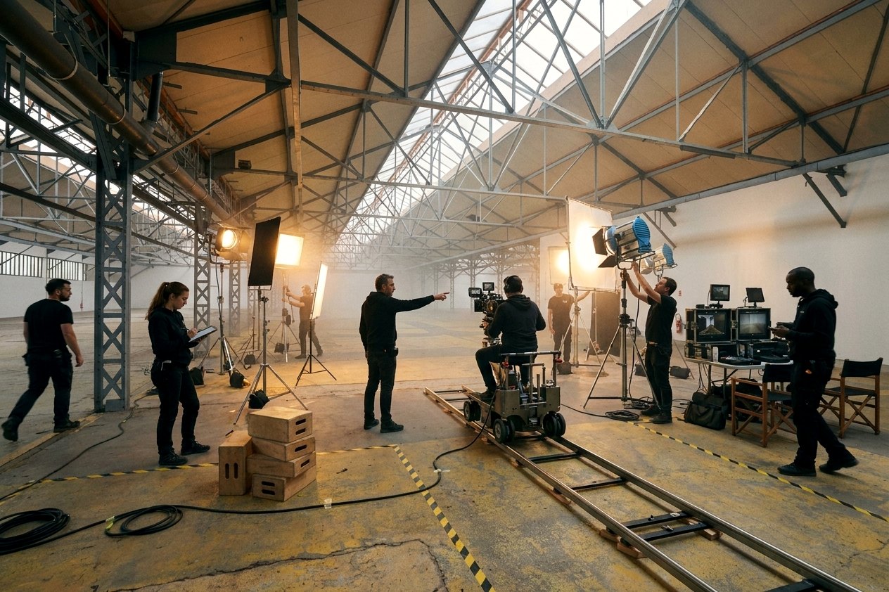 Mise en situation : plateau de cinéma dans la Grande Halle, équipe, dolly et projecteurs sous la verrière