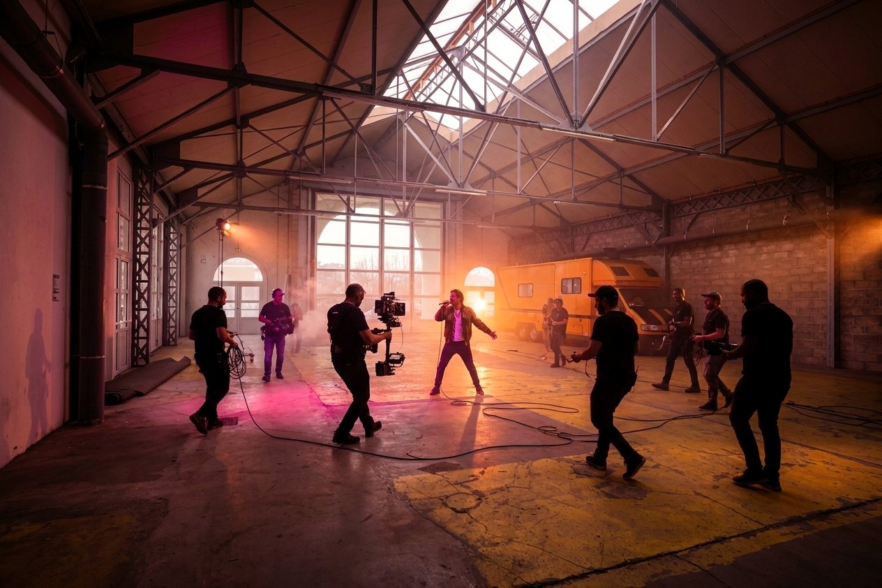 Mise en situation : tournage de clip dans la Petite Halle, steadicam, fumigènes et lumières colorées