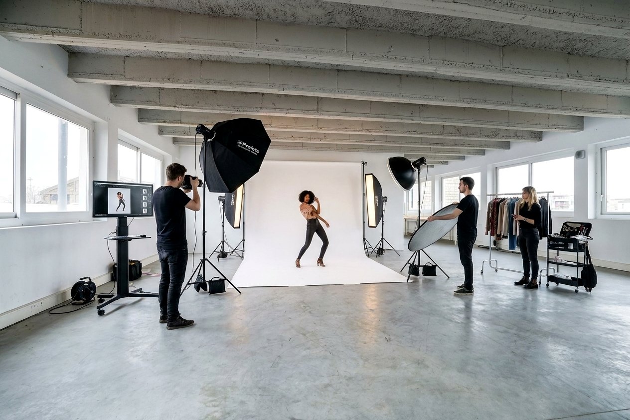 Mise en situation : shooting sur cyclo fond blanc, danseuse, softbox et réflecteurs