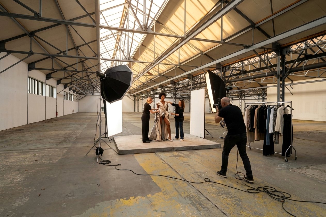 Mise en situation : shooting mode dans la Grande Halle, modèle, softbox et portants