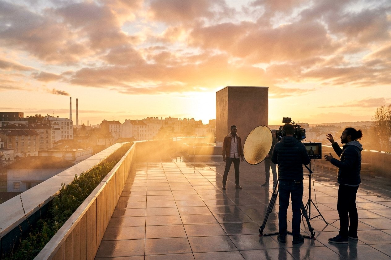 Mise en situation : tournage sur le rooftop à la golden hour, vue ville
